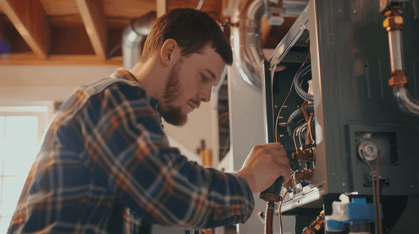 HVAC technician repairing furnace
