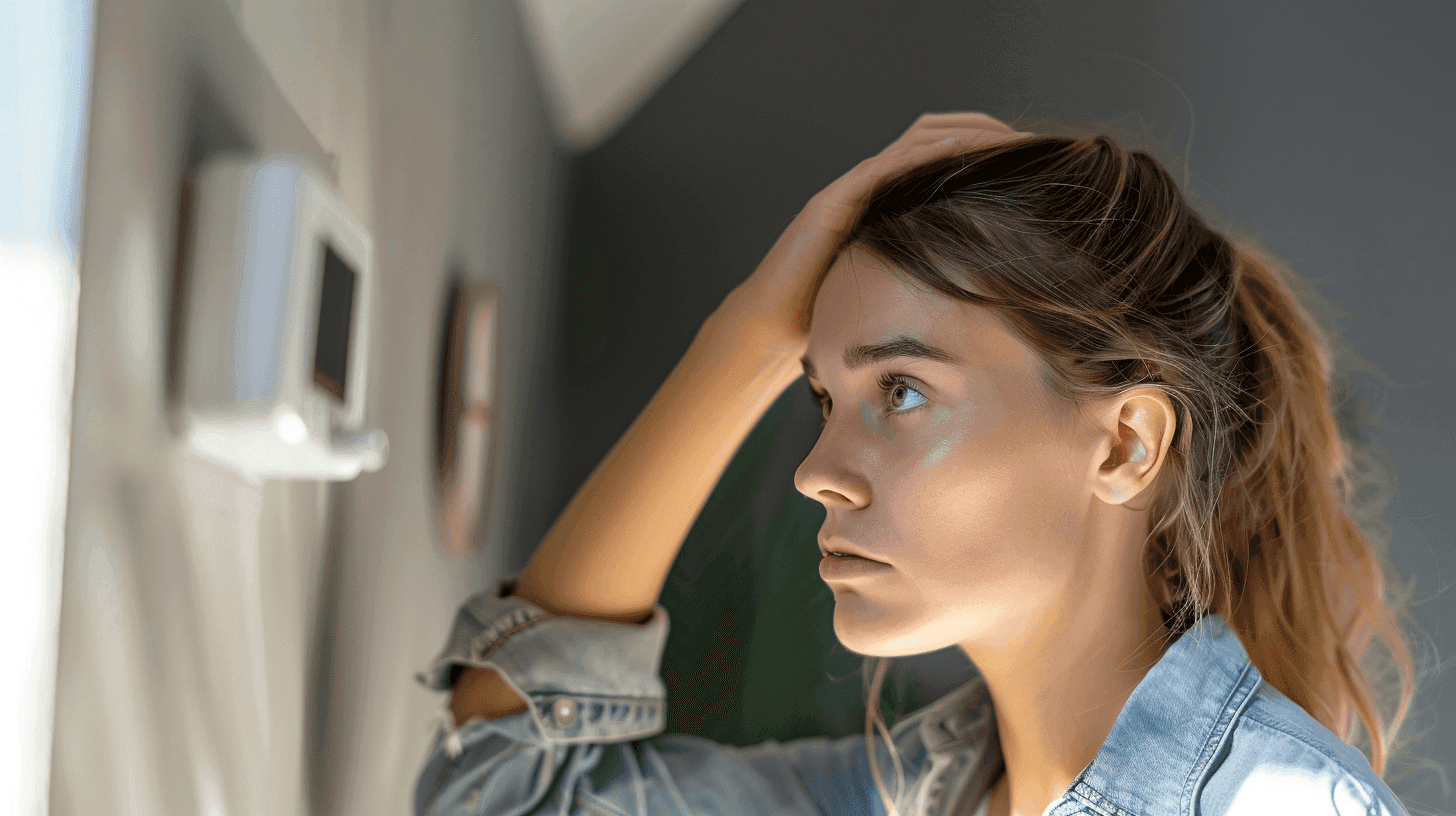 Frustrated woman looking at thermostat