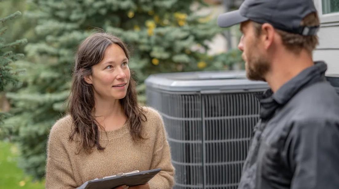Homeowner talking with HVAC technician next to air conditioning system
