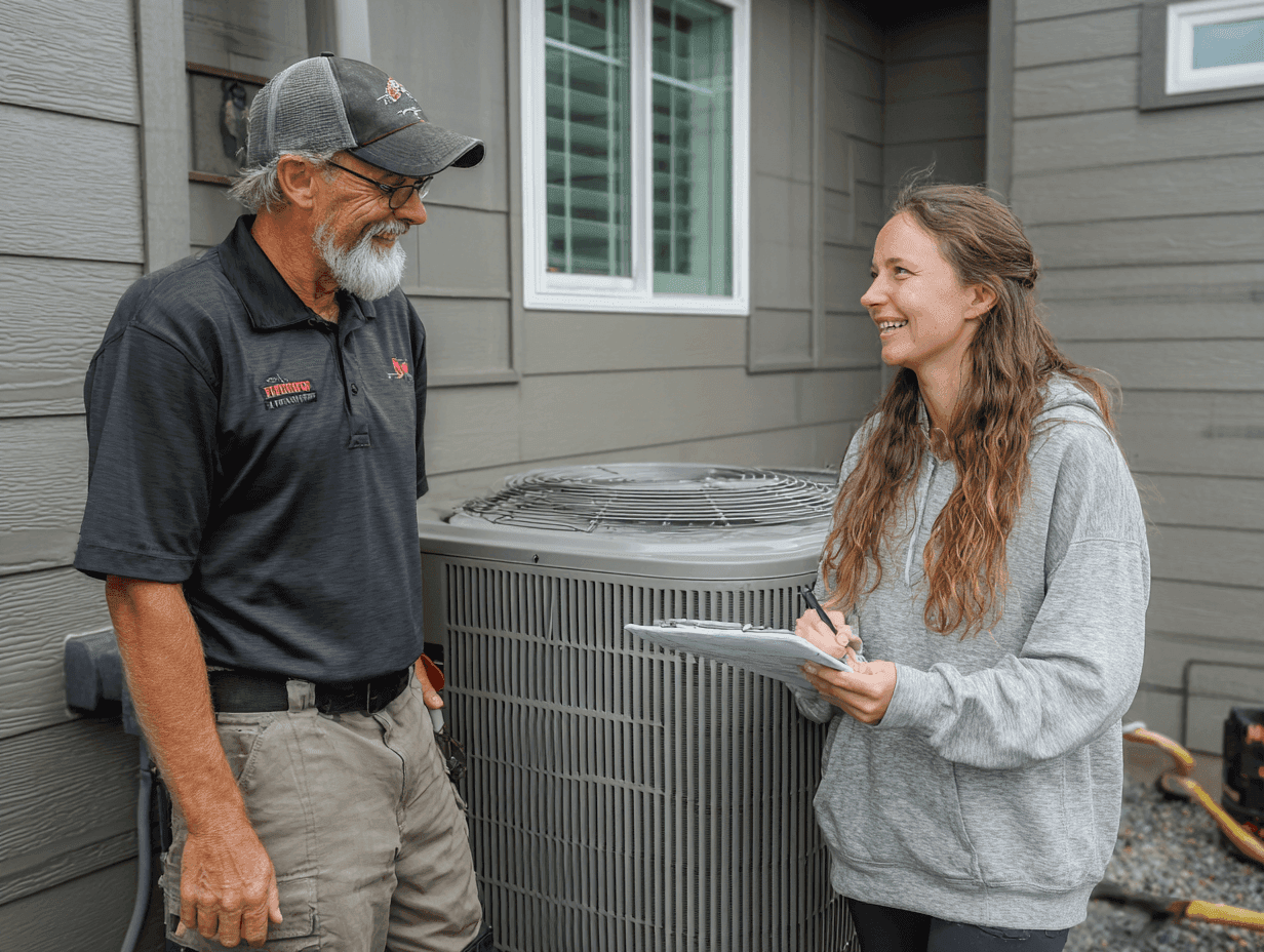 HVAC technician speaking with homeowner next to AC unit