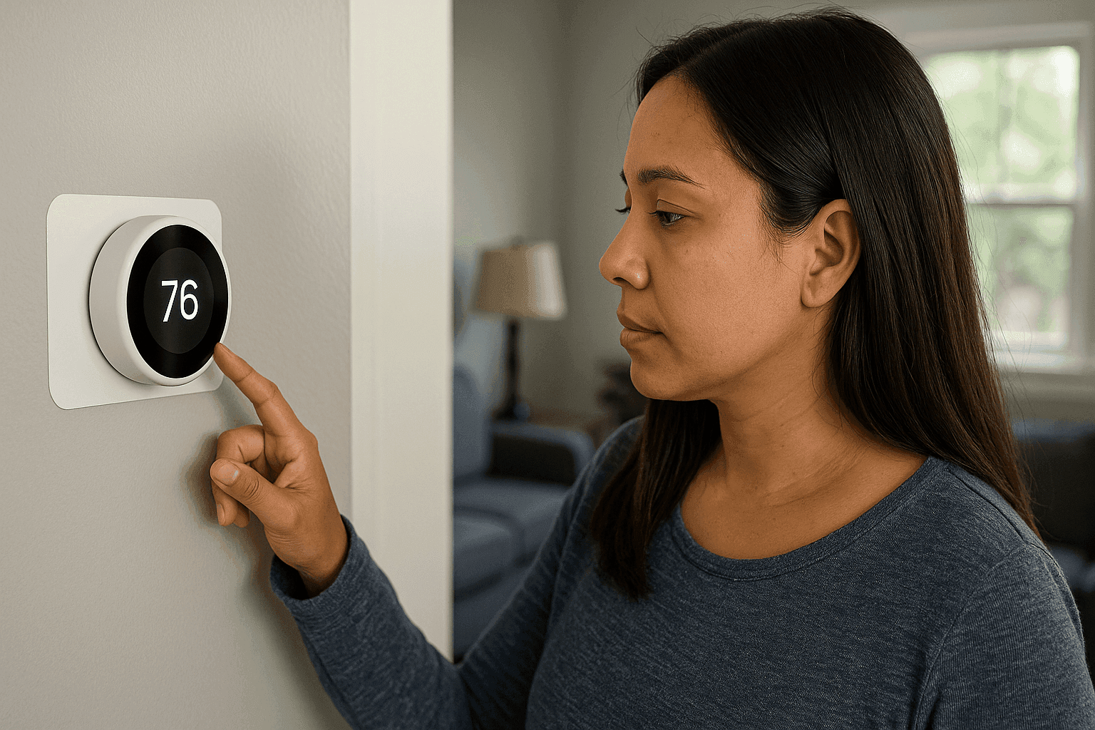 Woman adjusting the thermostat in her home