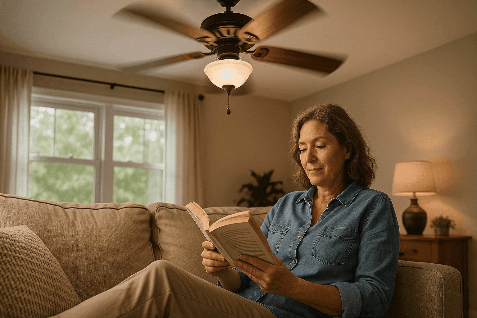Woman reading a book in the living room with a ceiling fan running behind her