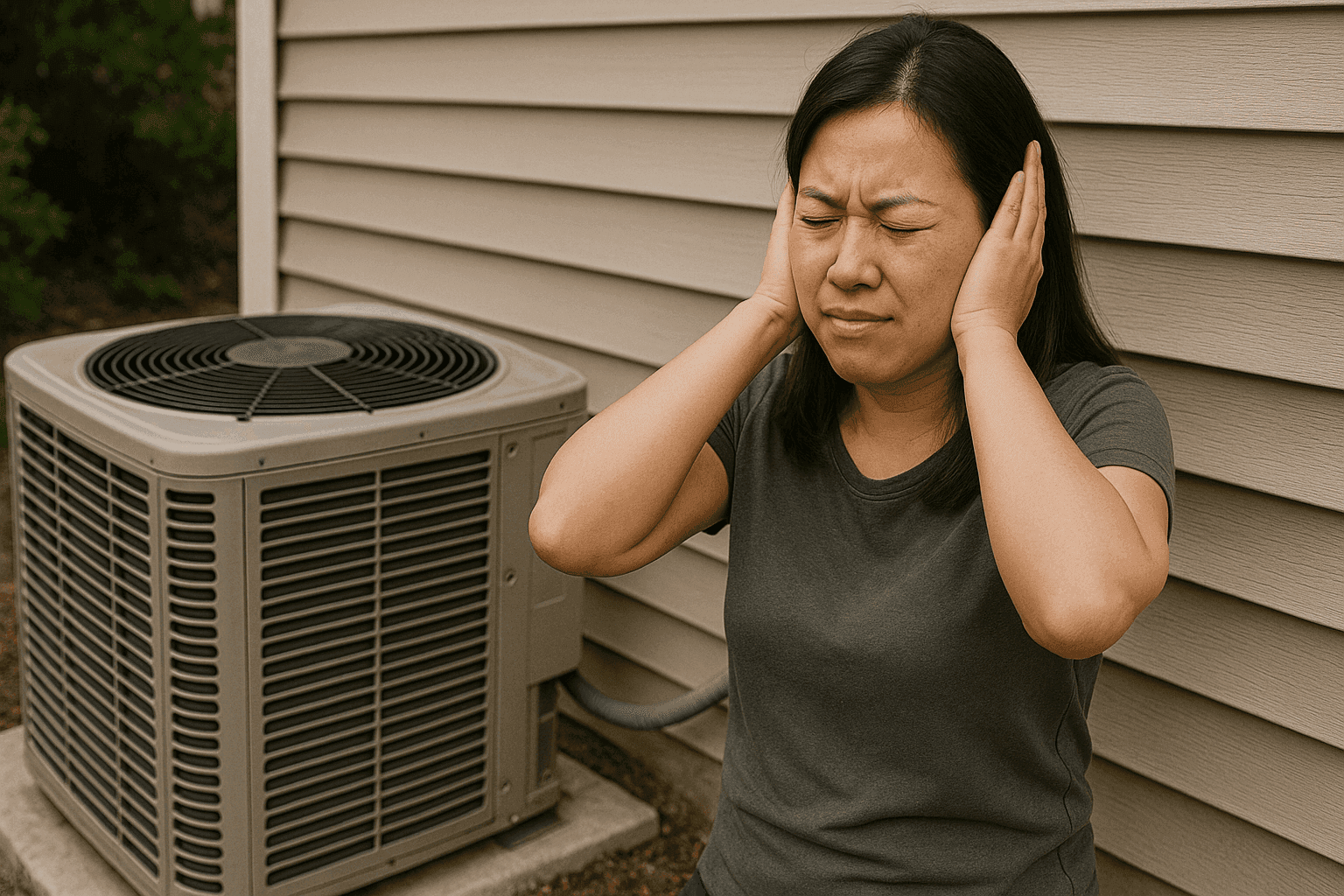 Woman covering ears because of loud AC knocking noise