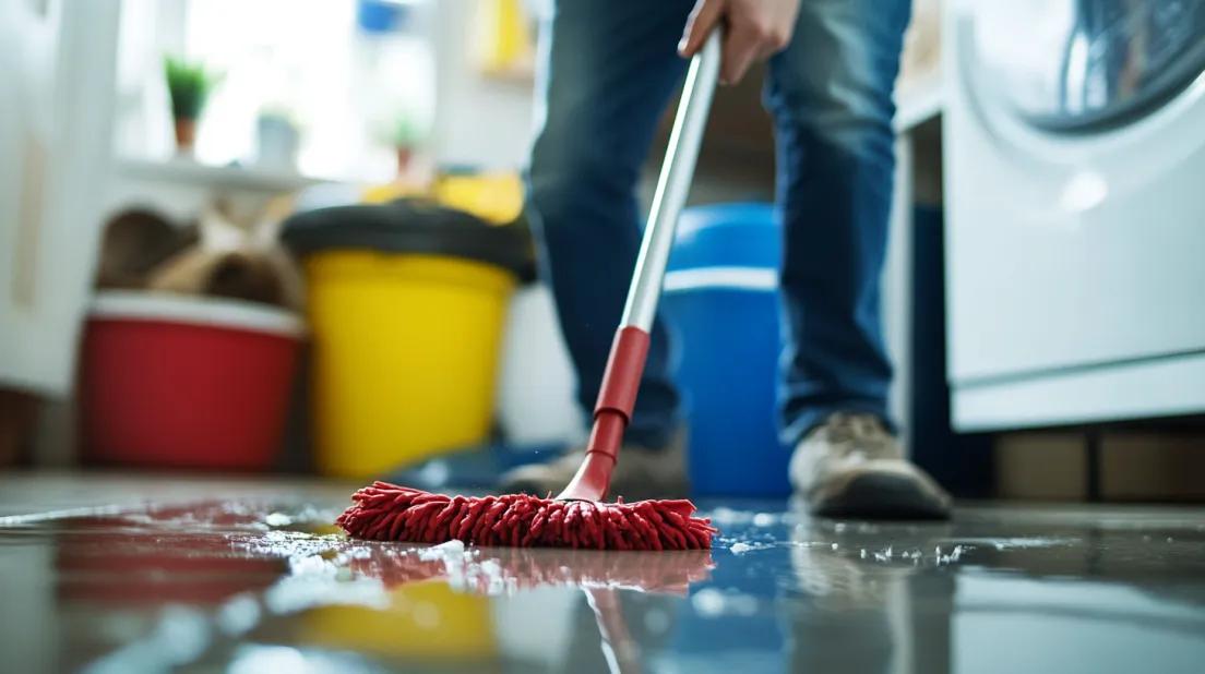 Homeowner mopping up water leak