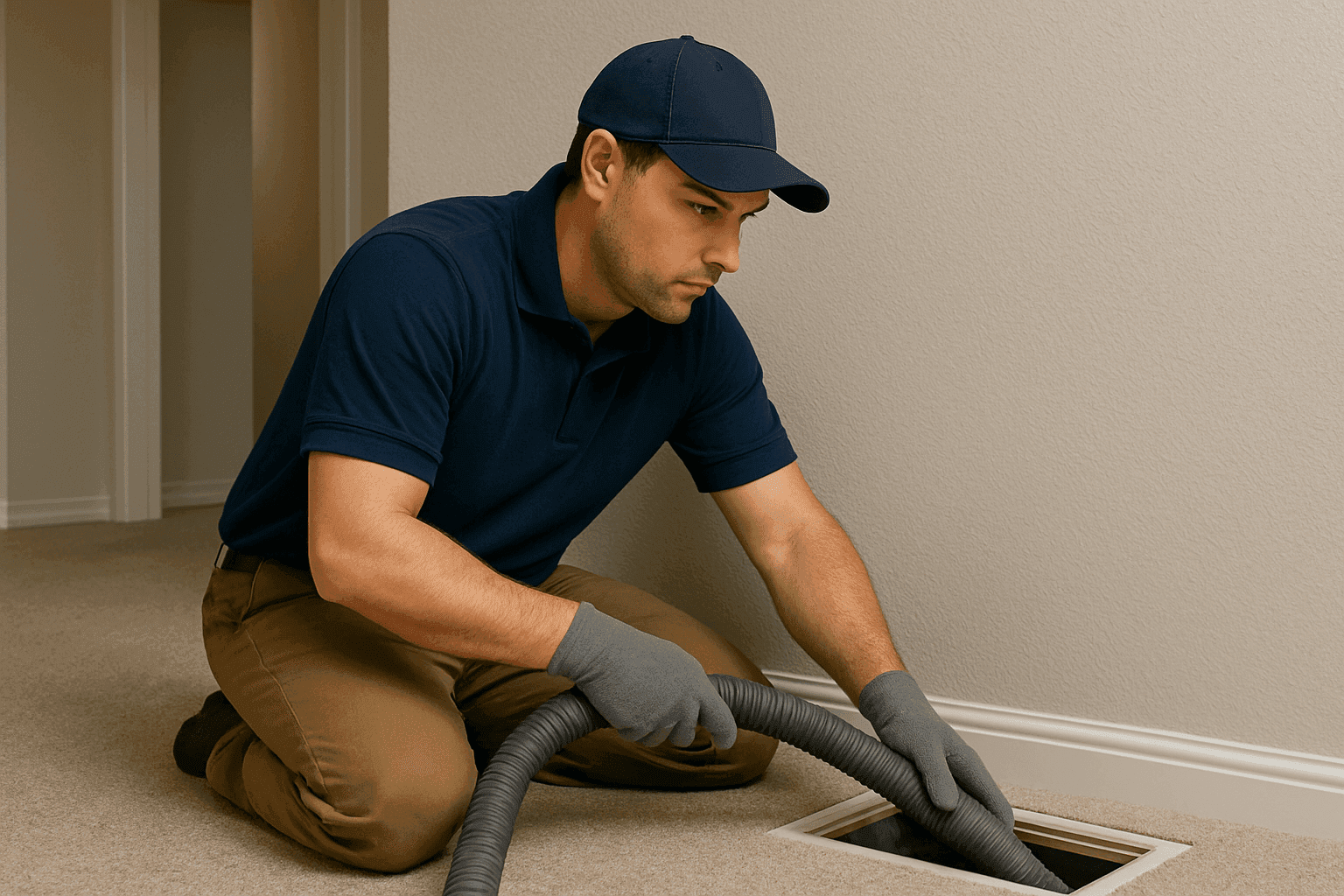 HVAC technician cleaning a home's air ducts