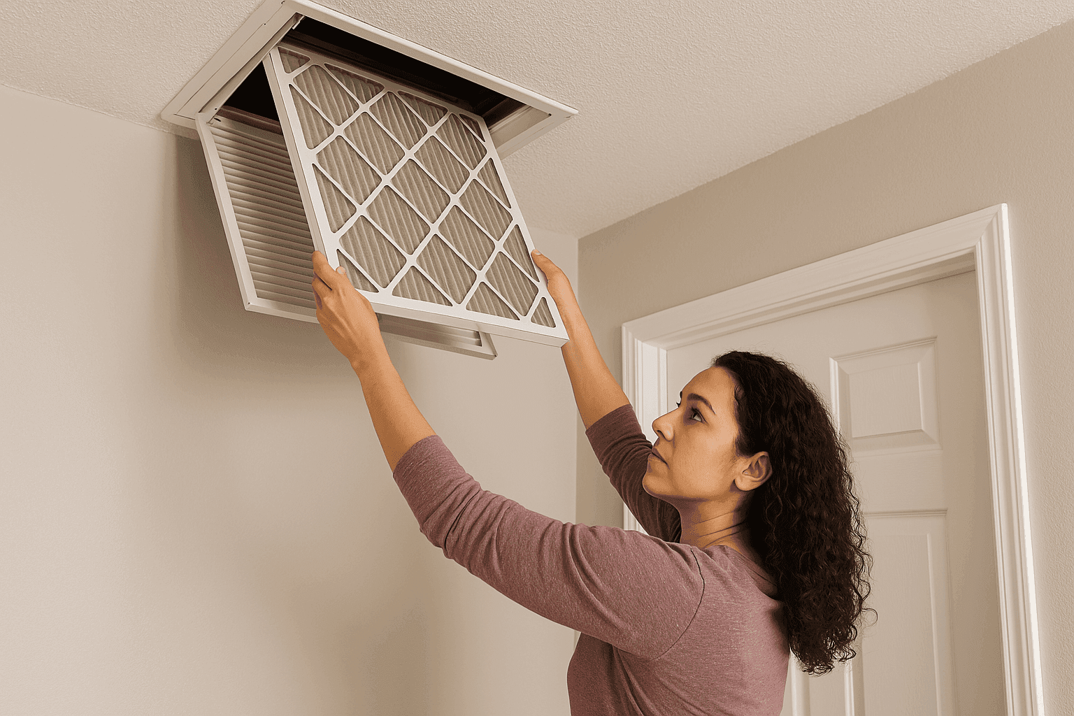 Woman changing air filter in her home