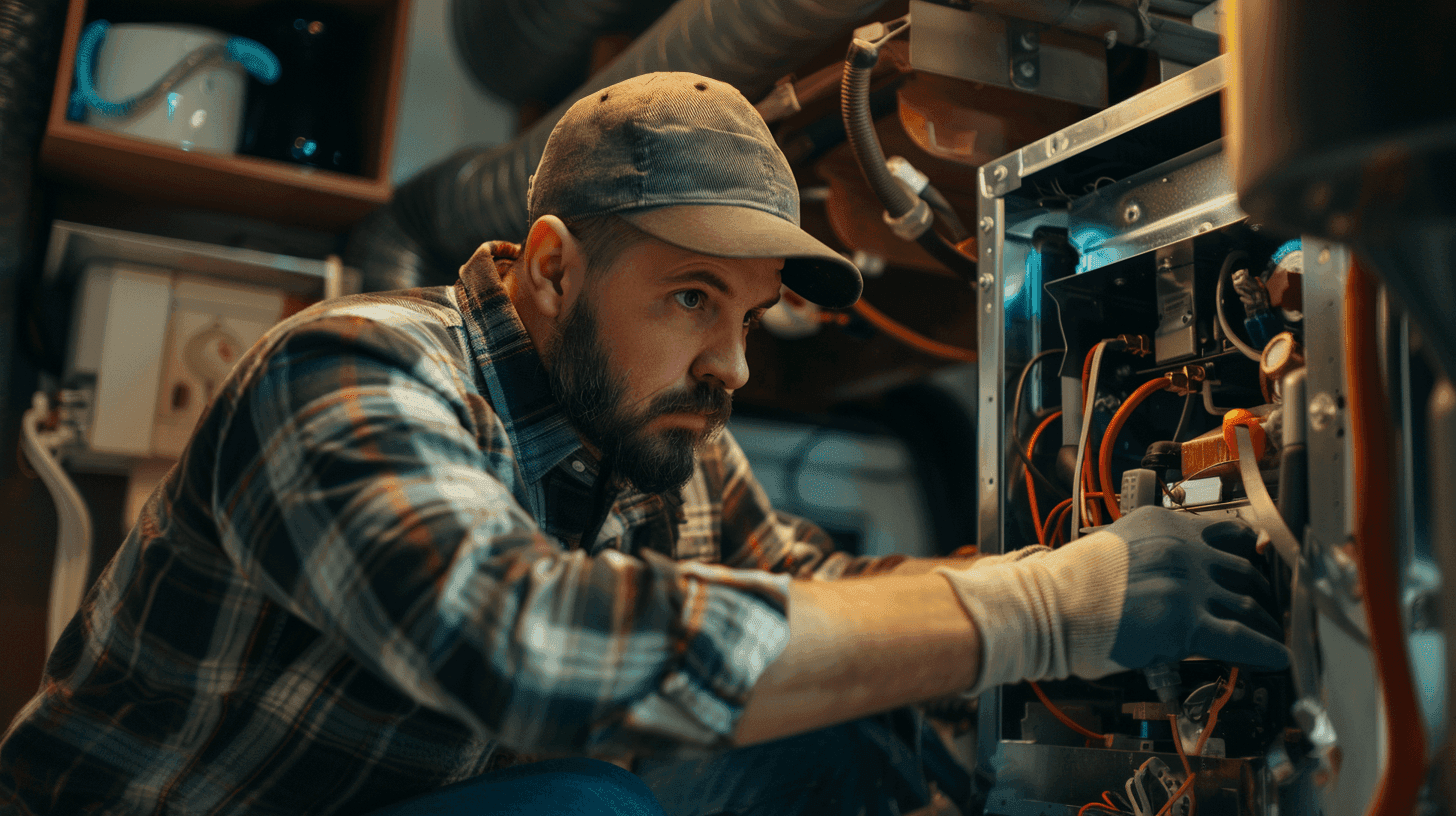 HVAC technician repairing furnace