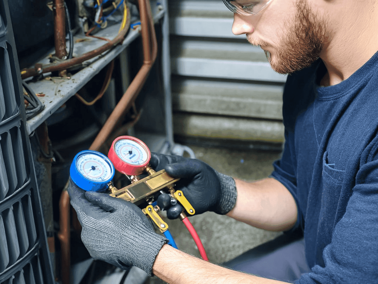 HVAC technician inspecting for a refrigerant leak