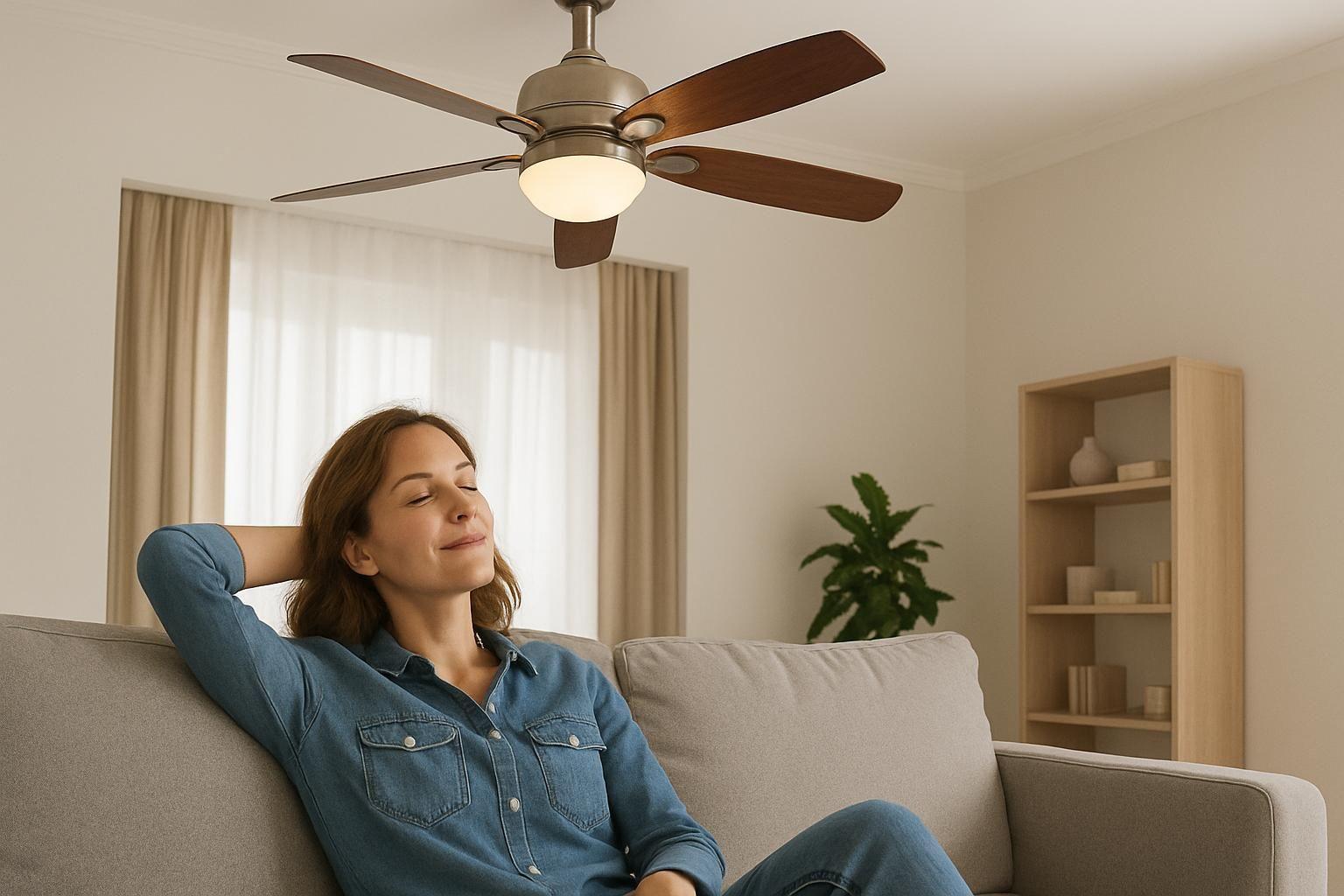 Woman relaxing in the living room with a ceiling fan on