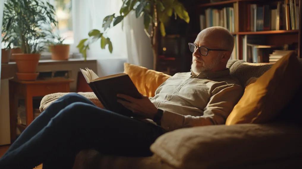 Man reading a book while relaxing on the couch