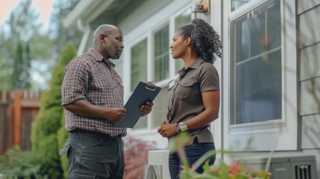 Home energy auditor speaking with homeowner