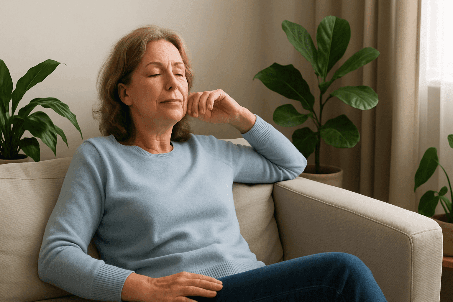 Woman relaxing on a couch inside her home