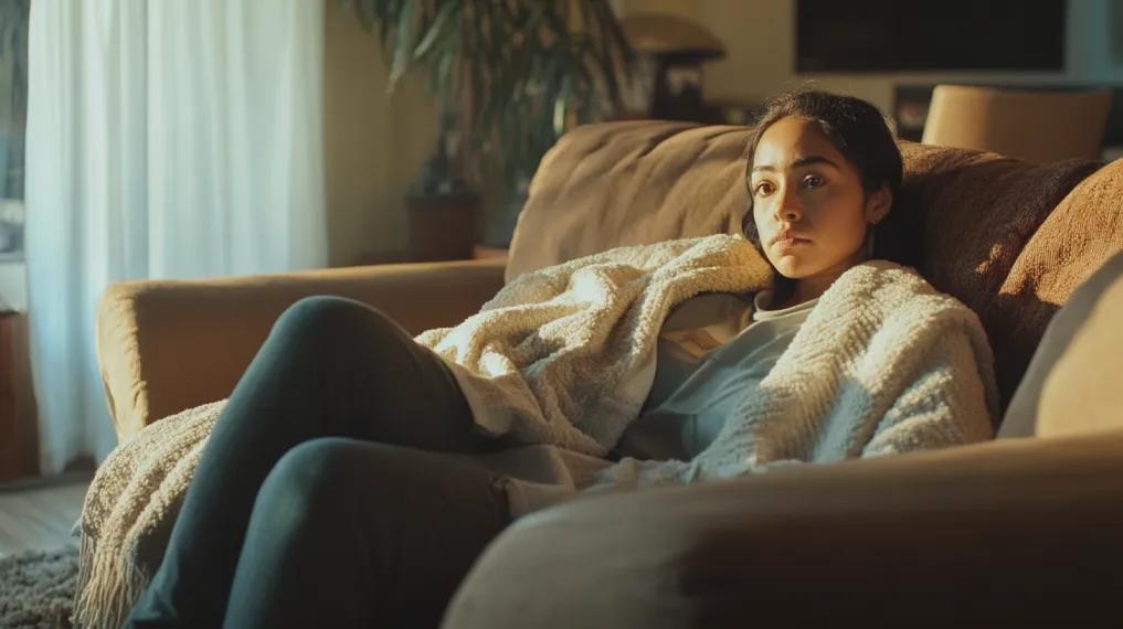 Woman wrapped in blanket on the couch