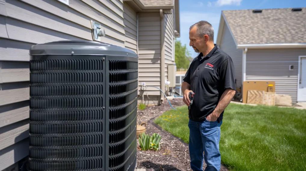HVAC technician inspecting heat pump system