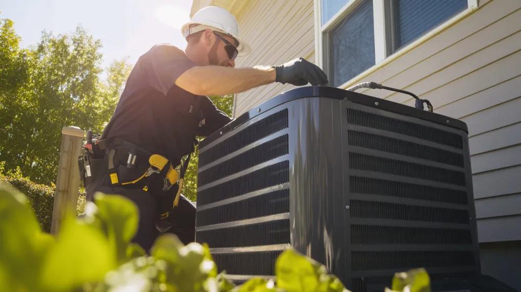 HVAC technician repairing heat pump