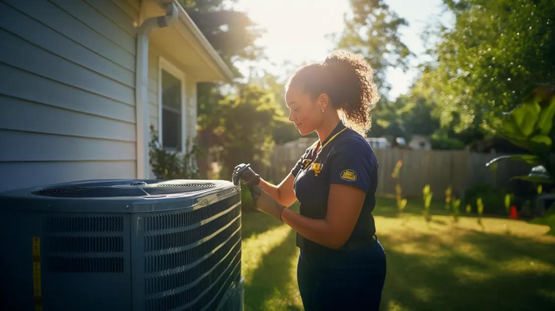 HVAC technician inspecting heat pump system