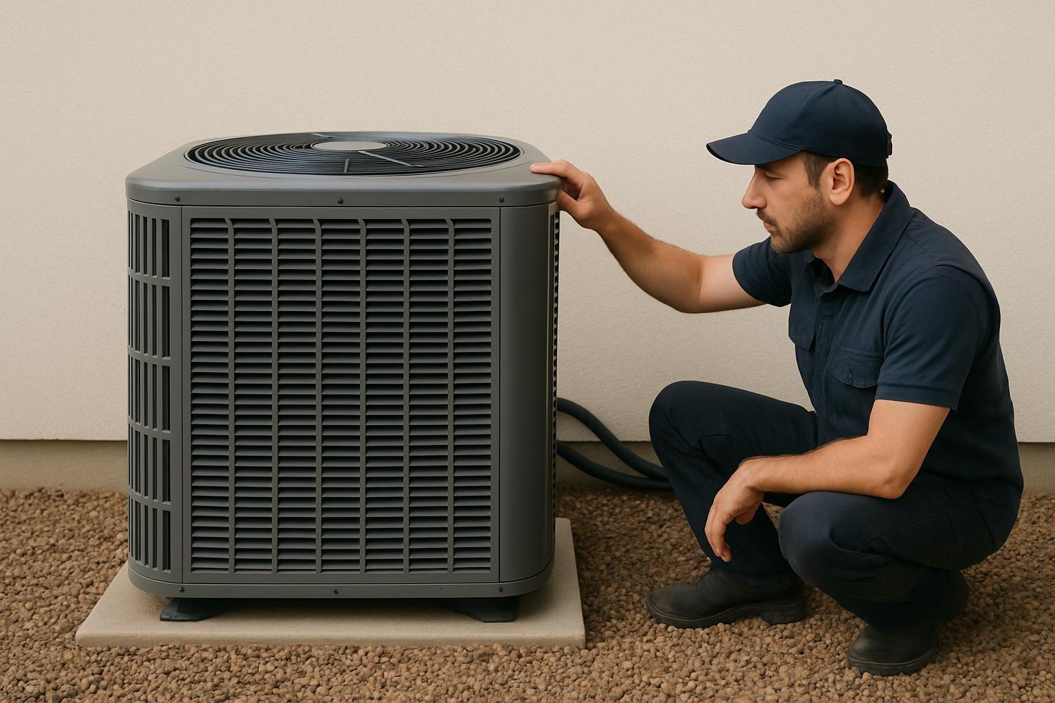 HVAC technician inspecting heat pump system