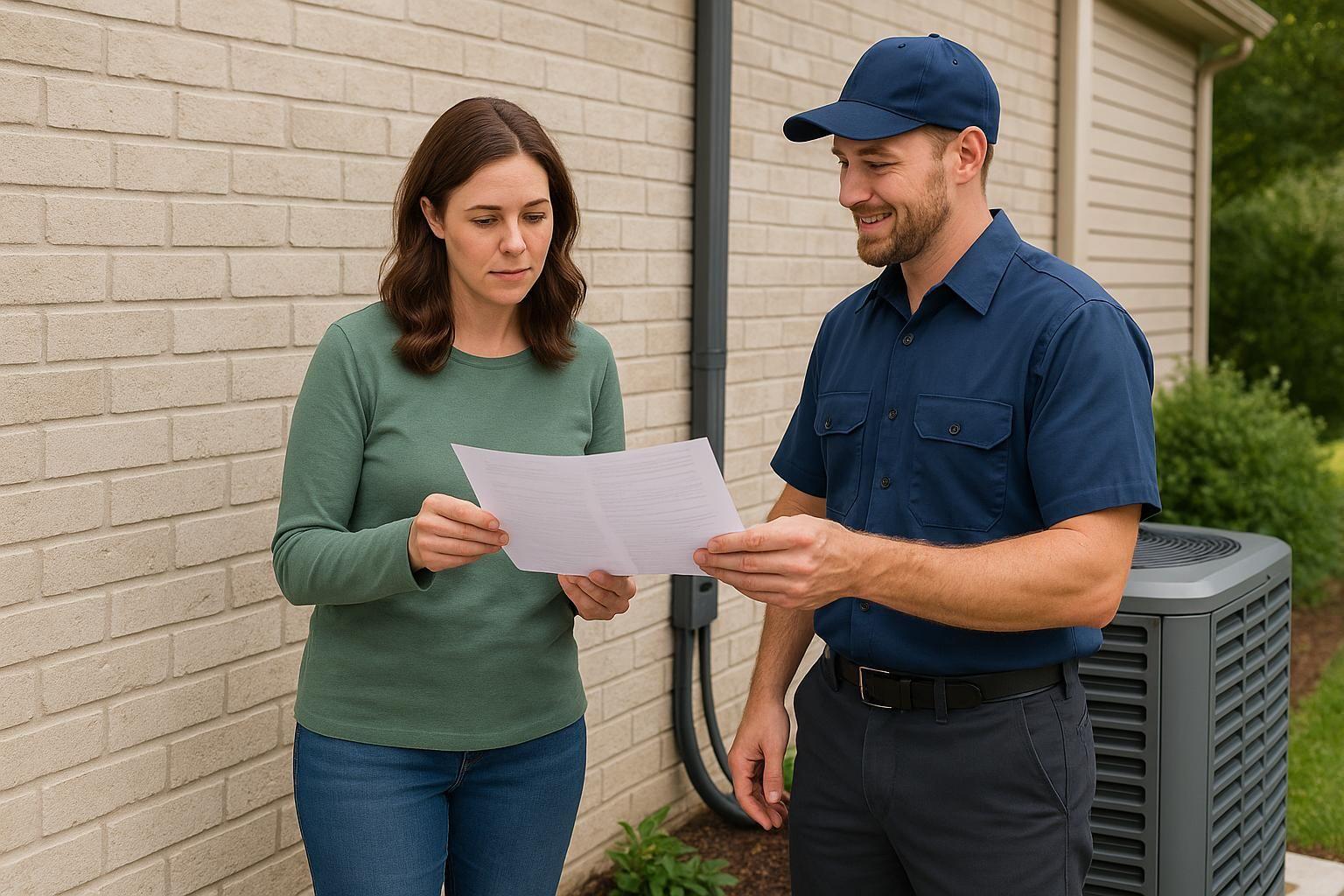 Homeowner looking at HVAC financing paperwork with a technician