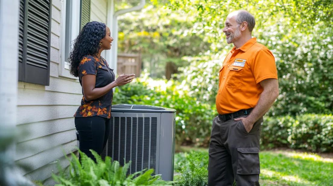 Homeowner talking with HVAC technician next to air conditioning system