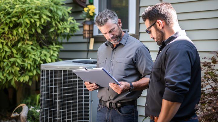 HVAC technician talking with homeowner