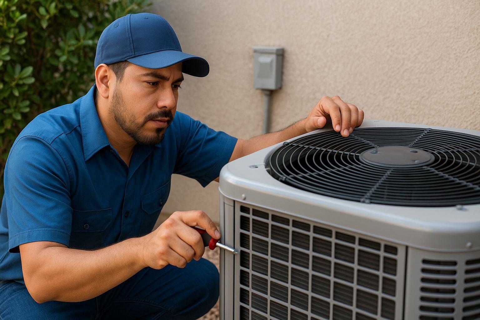 HVAC technician inspecting air conditioning system