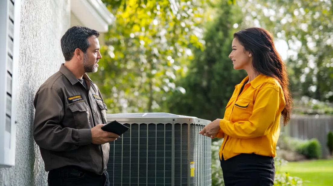 HVAC technician speaking with homeowner next to AC unit
