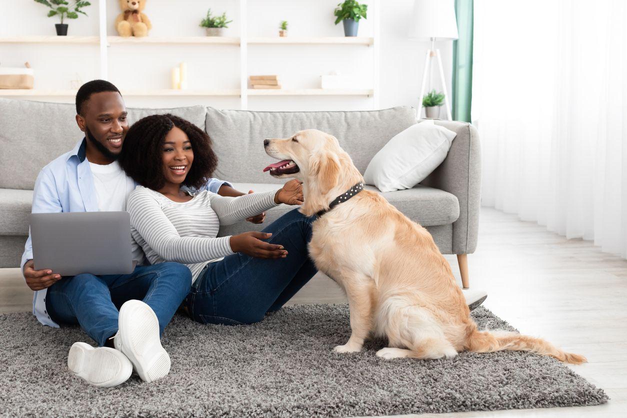 Couple relaxing with their dog in the living room
