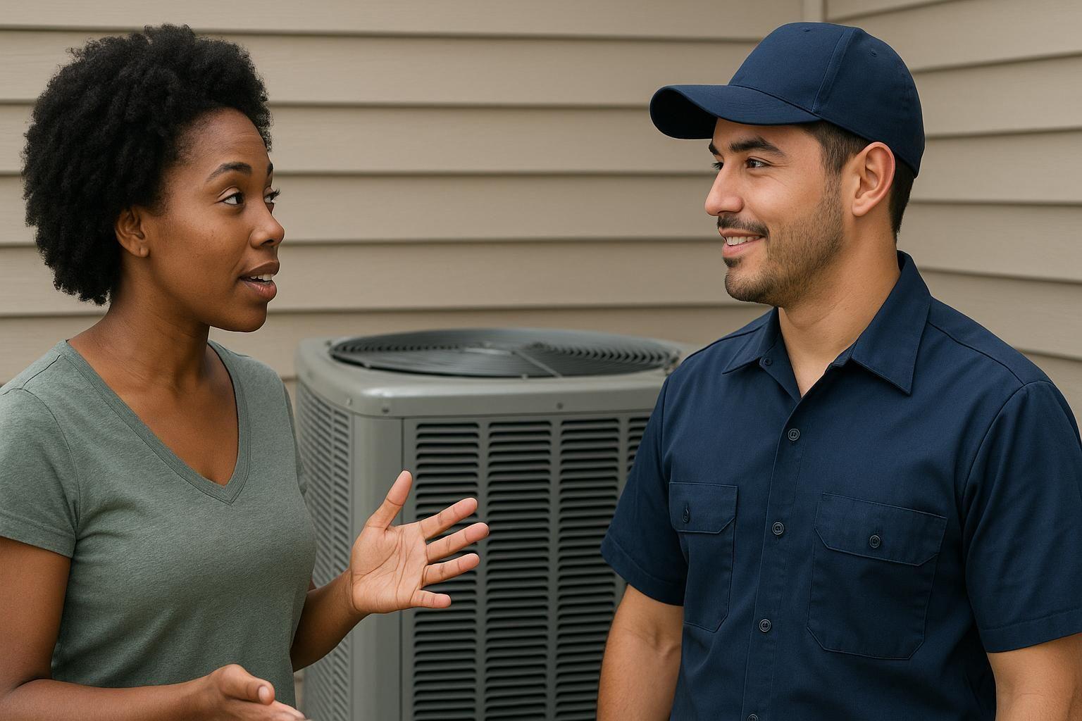 HVAC technician speaking with homeowner