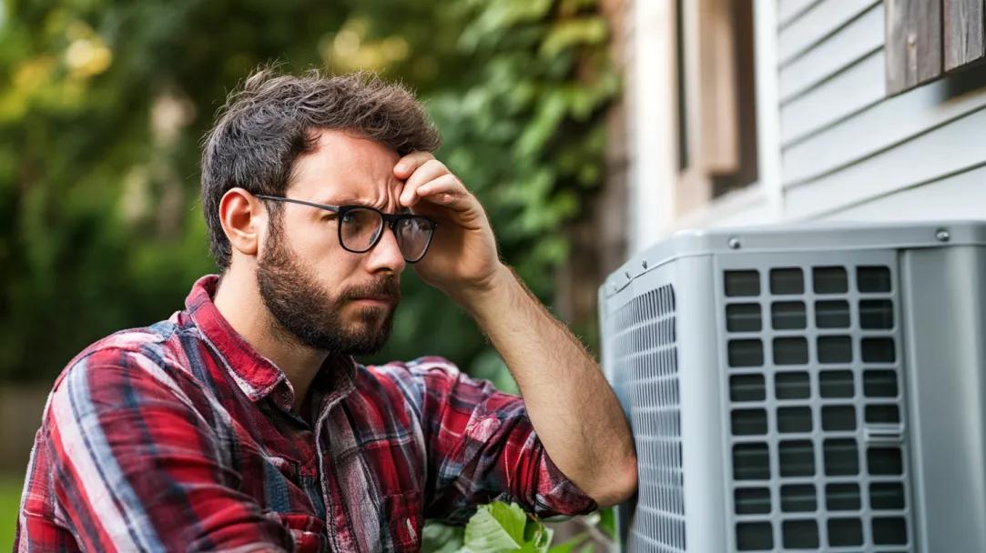 Man kneeling next to AC unit that won't turn on