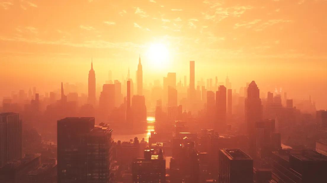 Sun shining over a city's skyline