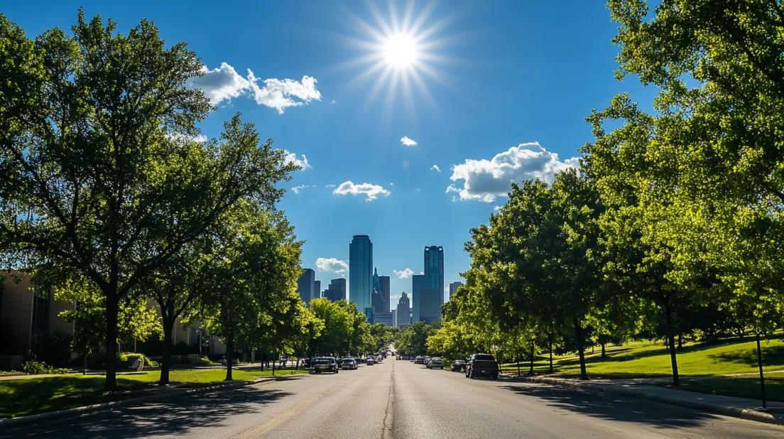 Sun shining over a city's skyline