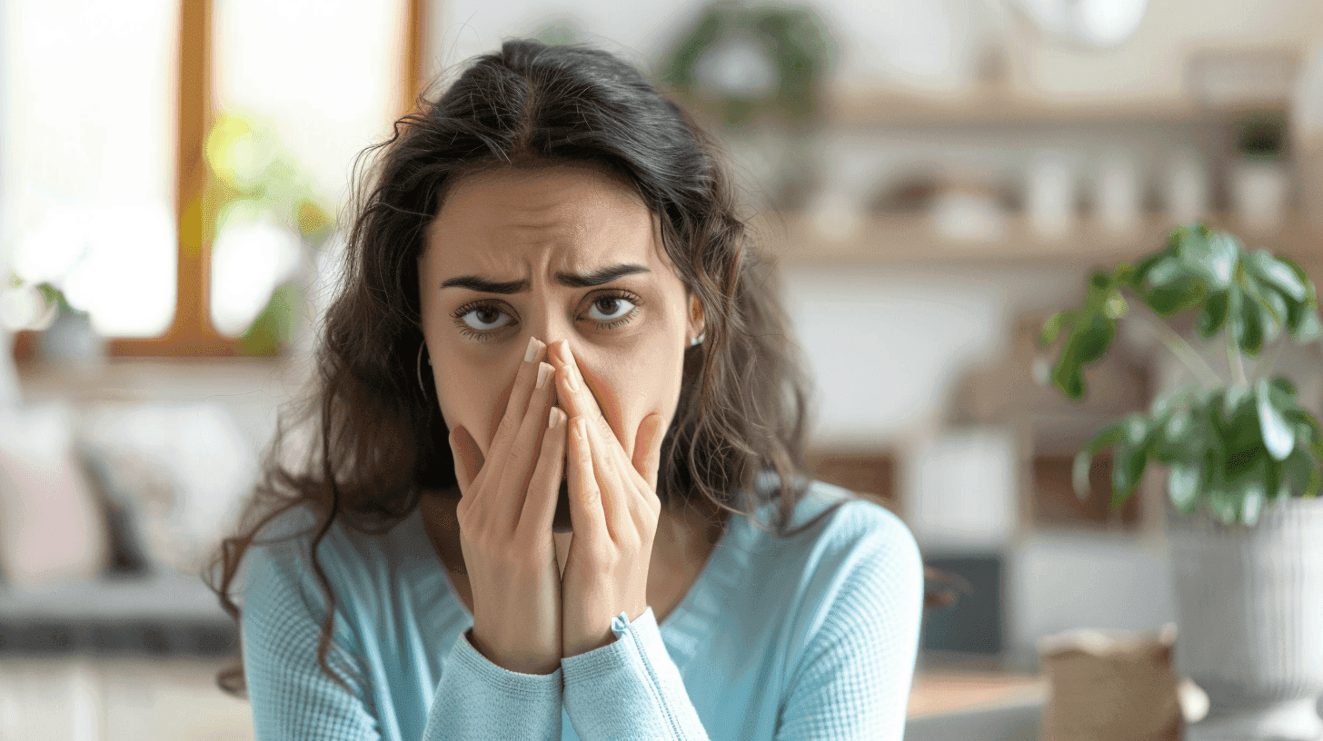 Woman covering nose because of bad smell