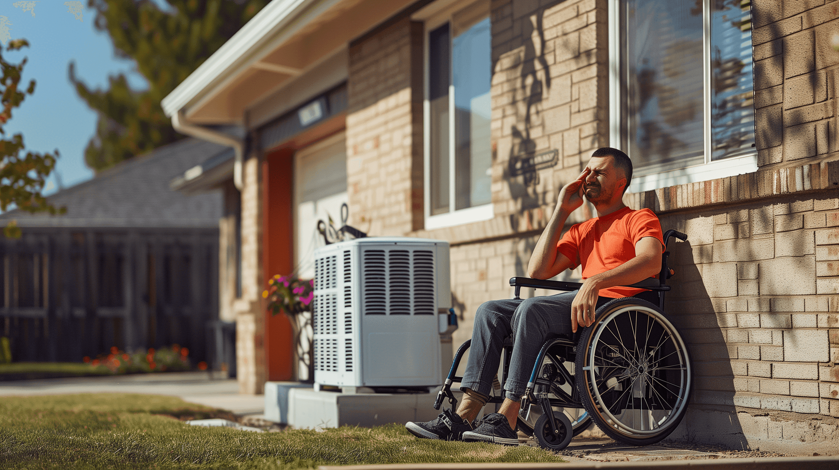 Man covering ear because of a loud air conditioner