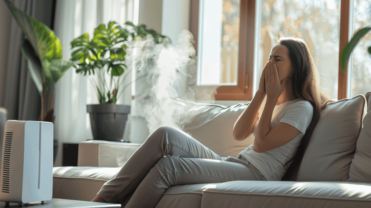 Woman on the couch sneezing