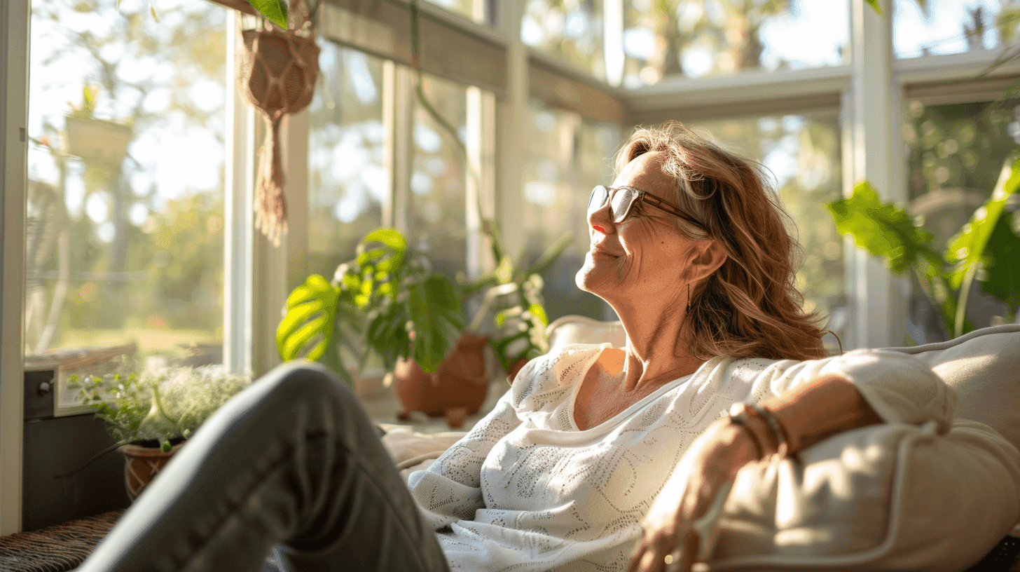 Woman relaxing in sunroom