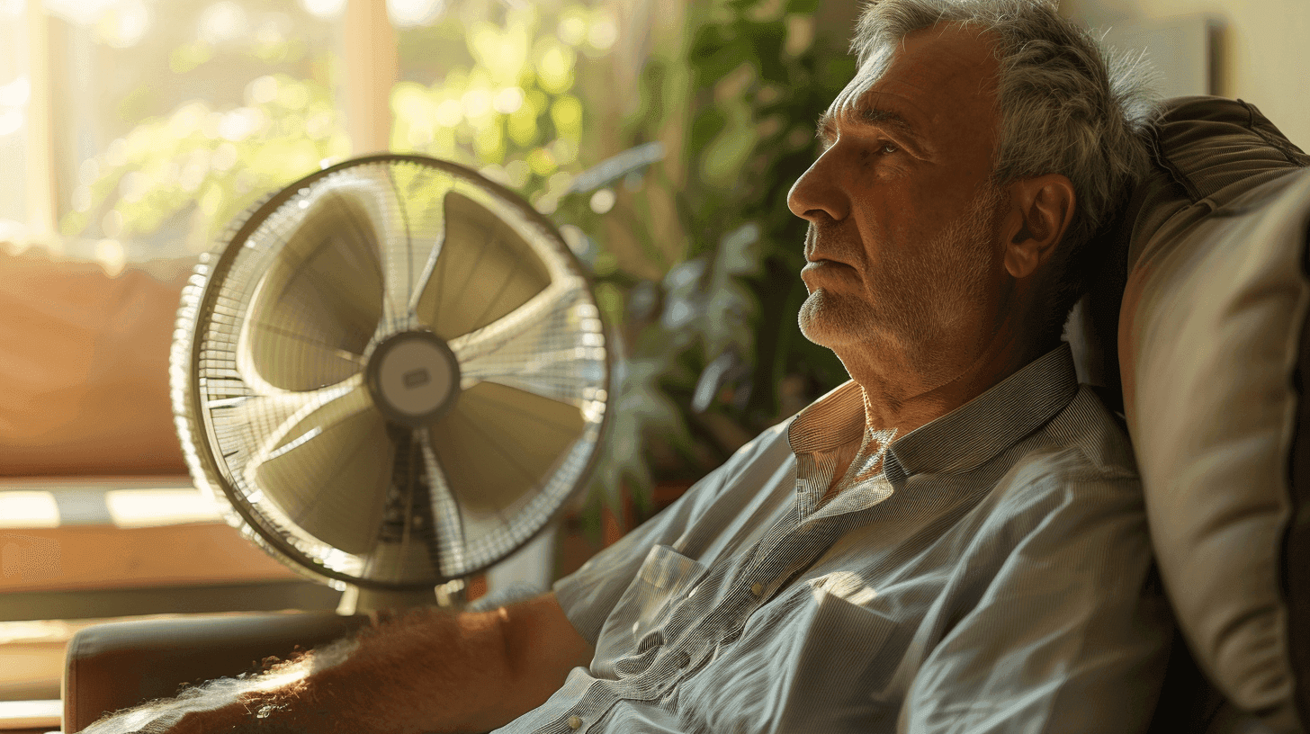 Man trying to stay cool with fan