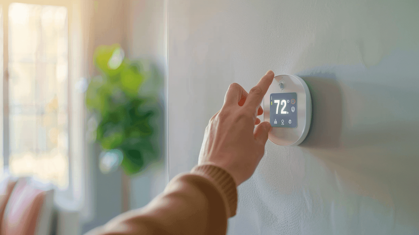 Woman adjusting smart thermostat inside her home