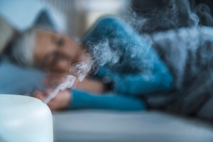 Air Humidifier increasing the humidity in a bedroom for better sleep.