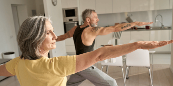 people doing yoga in kitchen