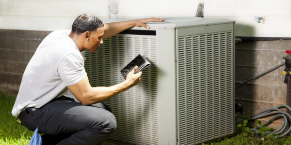 man checks hvac unit for repair